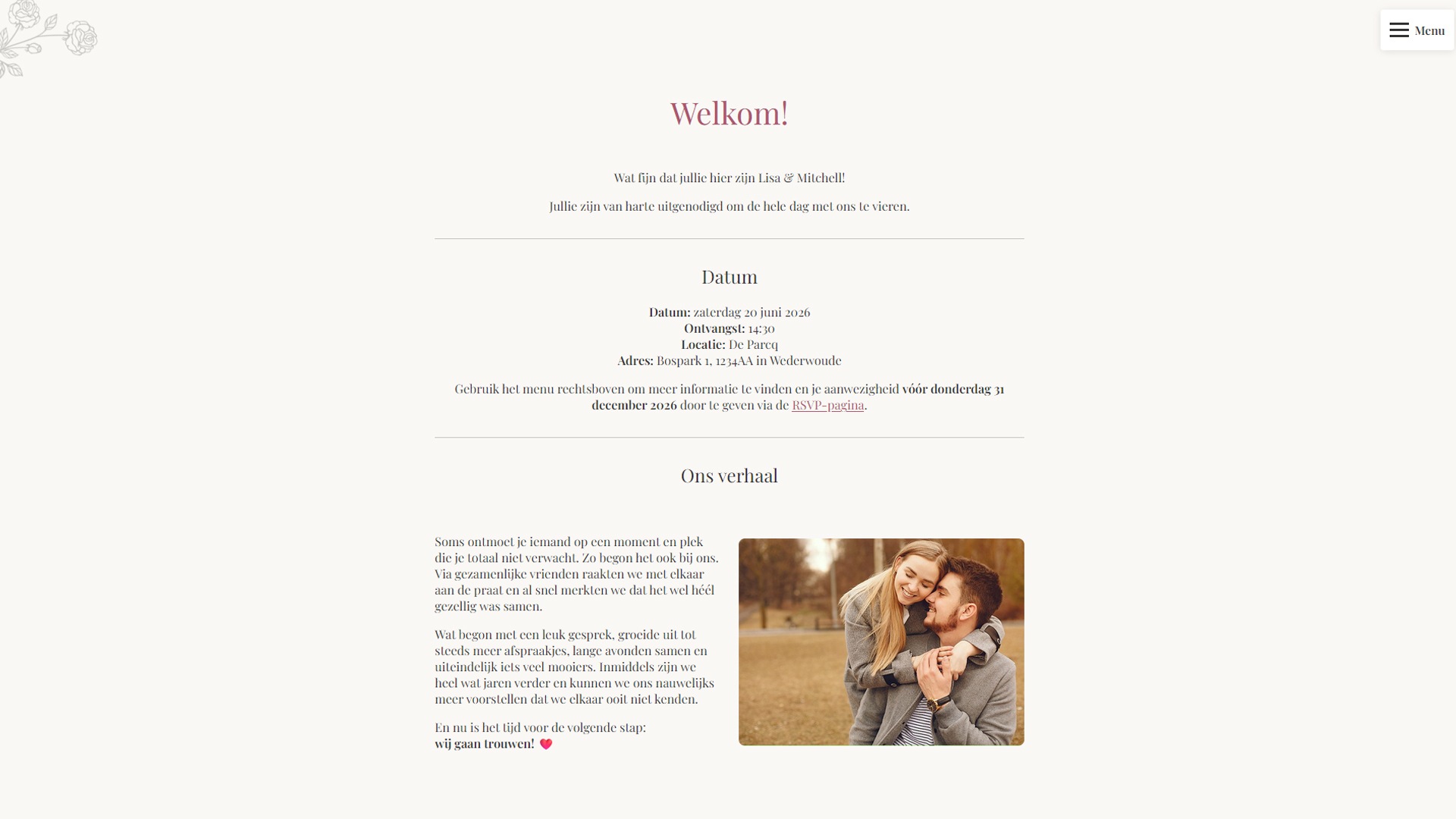 Voorbeeld van een trouwwebsite op desktop